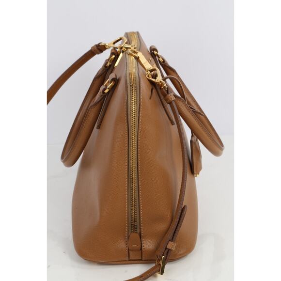 Prada Saffiano Lux Promenade Tan Brown Leather Double Zip Medium Satchel Bag - Picture 6 of 16
